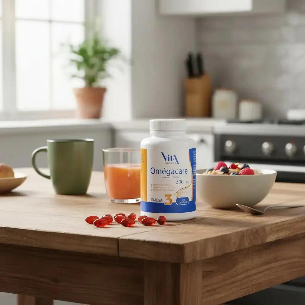 Vita Nature OmégaCare Boite sur une table de bois avec un petit déjeuner sain